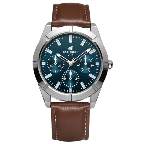 Montre analogique pour homme avec cadran bleu sarcelle et bracelet en cuir vegan marron