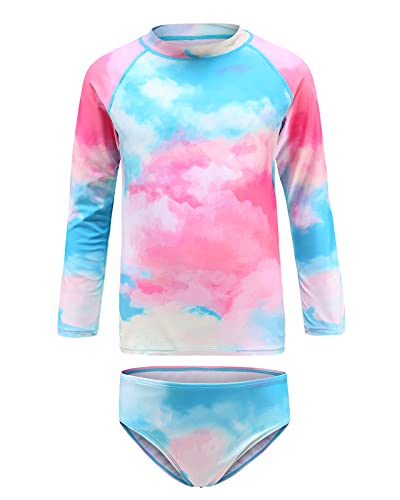 Aisyee Girls Long Sleeve Rash Guard Set Two Piece Swimsuits Tie Dye Bathing Suits for Kids UPF 50+ Swim Shirts