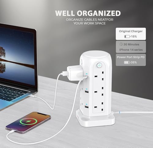 Wolf Power Tower Extension Lead With Usb Slots, 18-IN-1 Surge Protected Lead With 2M Extension Cable, 12 Uk Plug Sockets, 2 USB-C & 4 USB-A Ports, 4 Switches, Ideal For Home, Office & Workshop - 4