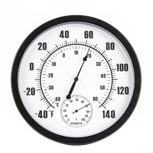 Grand thermomètre analogique avec hygromètre pour intérieur et extérieur, jauge d'humidité murale, double échelle Fahrenheit Celsius, cadran blanc, chiffres noirs pour (noir)