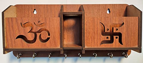 Image of Wooden Om Design TV Remote Mobile Stand Key and Pen Holder for Home, Office, Hall, Living Room Pocket Pen Special Designer Home Furnishing Two Box Wall Mounted Wall Keys Holder