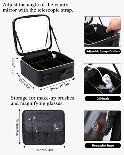 Maletin Maquillaje con Espejo,Lupa 10x Cosméticos Bolsa organizadora Maquillaje con Espejo Iluminado 3 Modos Color Brillo Ajustable,Portátil Impermeable Estuche Maquillaje,Organizador Maquillaje Viaje - imagen 2