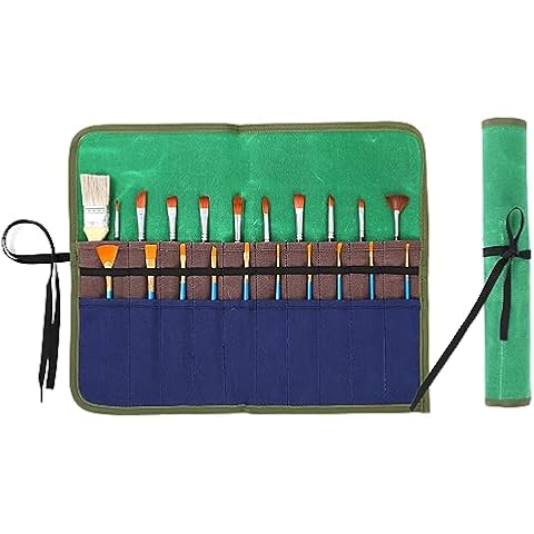Kaaltisy Paint Brush Roll Up Case, Heavy Duty 16oz Waxed Canvas Paintbrush Holder, 20 Pockets & Tie Rope Pencil Storage Roll - 17" W x 13" L - Green Cover