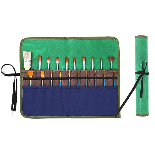 Kaaltisy Paint Brush Roll Up Case, Heavy Duty 16oz Waxed Canvas Paintbrush Holder, 20 Pockets & Tie Rope Pencil Storage Roll - 17" W x 13" L - Green by Kaaltisy - Used condition - US$18.20