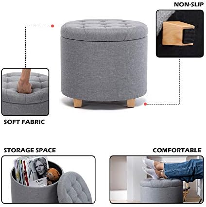 HNNHOME 45cm Round Linen Padded Seat Ottoman Storage Stool Box, Footstool Pouffes Chair with Lids (Pearl River)