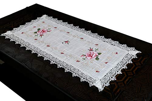 Image of MONKDECOR (O.F) Cut Work Cross-Stitch Embroidery Centre Table Runner (Size-16x33 Inches)- White & Pink Color