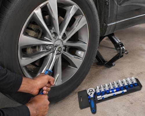 Image of Inditrust 12 in 1 Heavy Duty 1 /2 Inch Socket Set | Chrome Vanadium Steel Ratchet Socket Wrench Spanner Kit | Soft Grip Handle | 12Pc Hand Tool Kit for Car Bike Mechanic Garage & Home Repair