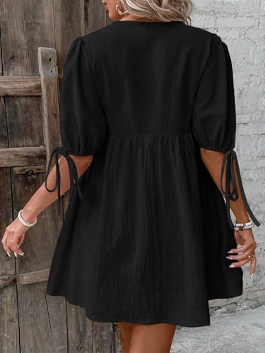 Image of IDEALSANXUN Linen Dresses for Women 2025 Spring Summer Beach Tie Front V Neck Short Sleeve A Line Cute Flowy Swing Mini Sundress,Black,L