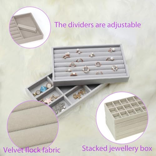 5 Pack Jewellery Organiser Tray for Drawers, Customize Flexible Jewelry Storage Box, Stackable Velvet Removable Dividers, Rearrange, Hold Earrings, Necklaces, Rings for Wardrobe, Dresser, Chest