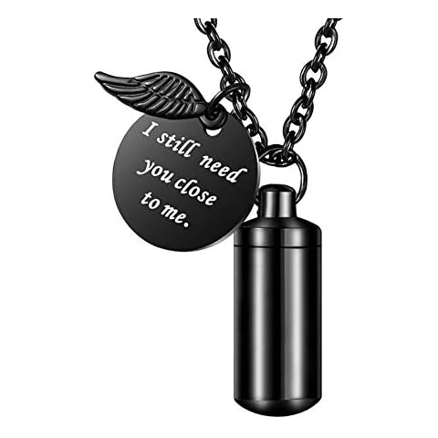 abooxiu Cylinder Urn Necklace for Ashes Cremation Jewelry/Keychain for Human Pet Stainless Steel Memorial Keepsake Pendant with Angel Wing Charm Ashes Jewelry black Cover