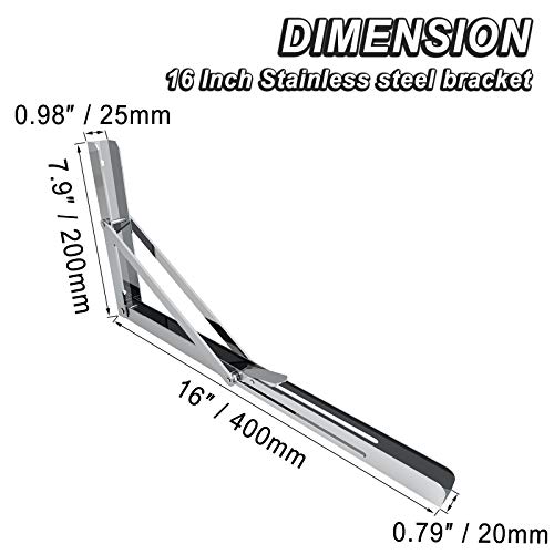 Boeray ZJ0010 16 Inch 304 Stainless Steel Folding Shelf Bracket Triangle Wall Mount Support Heavy Duty Paint Bench Table Shelf Brackets 90 Degree Hinge Shelves Tables 440 Lb / 200Kg Load Pack Of 2 thumb #1