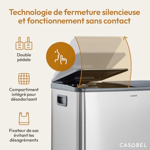 Kitchen Waste Bin 60 L – 2 x 30 Litre, Double Compartments 2 x 30 L, Brushed Stainless Steel, Rectangular Recycling Bin with Pedals, Anti-Smell, French Company