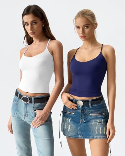 Image of QINSEN Womens Cross Back Tank Top V Neck Double Lined Camisole Top Sleeveless Spaghetti Strap Going Out Tops