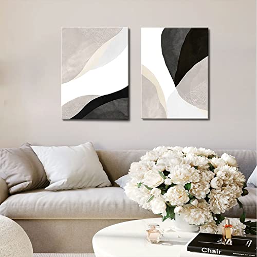 Akwish 2 Of Set Framed Canvas Print Wall Art Black White Beige Color Blocks Abstract Shapes Illustrations Modern Art Minimalist Wall Decor For Living Room Bedroom Office Dining Room 12"X16"X2 #TOP1