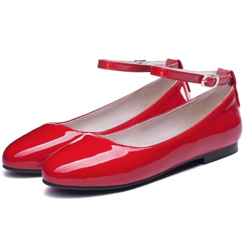 LUXMAX Womens Patent Leather Ballet Flats Ankle Strap Ballerina Shoes