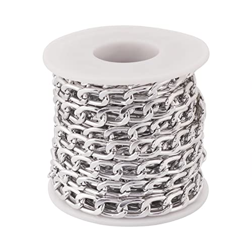 Beadthoven 1Roll Silver Aluminum Curb Chains 13.5x8x2mm Oval Flat Curb Unwelded Links Chain with Spool for Bracelets Necklaces Jewelry Making