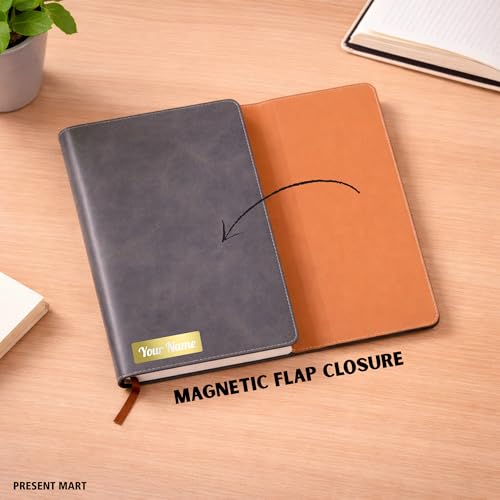 Image of FoldBook Stash Personalized Name Print A5 Notebook with Magnetic Flap Closure, 3-Fold Organizer Cover with Pockets & Pen Slot, 192 Pages 80 GSM Paper, Bookmark Ribbon, Custom Journal for Office School Gifts (GREY)