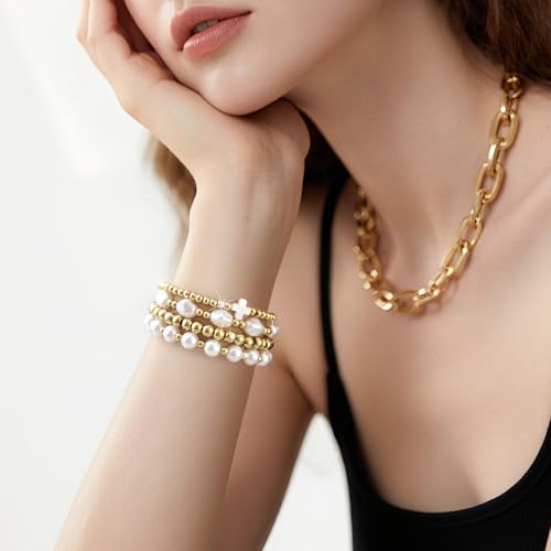 AIRSPO Gold Beaded Bracelets Compatible for Apple Watch Band 42mm 44mm 45mm 46mm Women, Fashion Handmade Dressy iPhone Watch Bands Stainless Steel Beads Elastic Strap for iWatch Series 11 10 9 SE 8 7 6 5 4 3 2 1 (Cross White) by AIRSPO - Used condition - Image 8