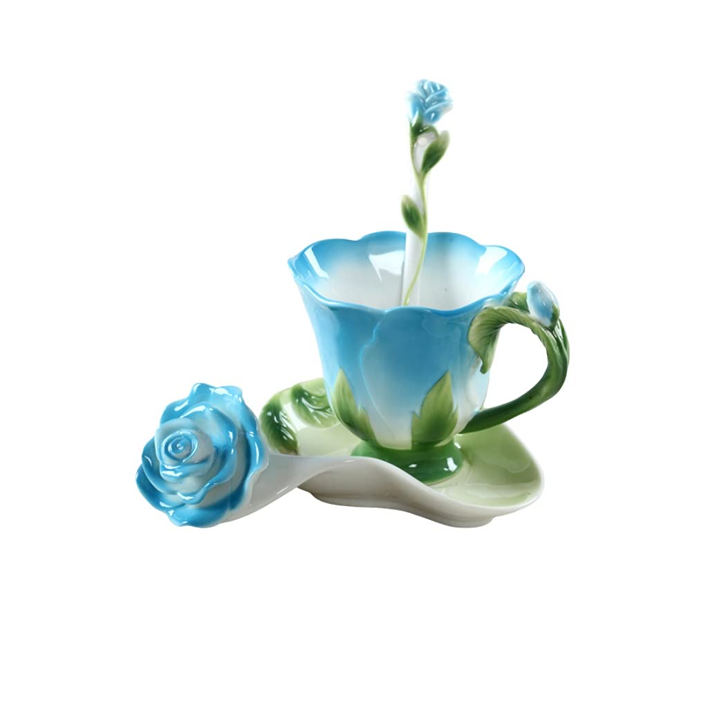 Teetassen-Set, handgefertigte Emaille-Keramik, Blumen-Kaffeetassen-Set mit Henkel, Cappuccino-Tasse mit Löffel und Untertasse (Blau)
