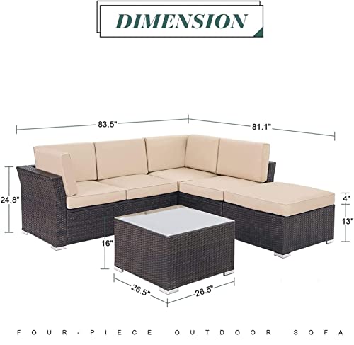 Suncrown 4-Piece Patio Furniture Set 83" X 81" Outdoor Sectional Sofa, 5 Seats Rattan Wicker Conversation Sets With Ottoman, Glass Coffee Table And Washable Cushions - Beige #TOP6