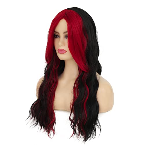 Baruisi Black and Red Long Curly Wavy Middle Part Synthetic Cosplay Wig for Women - Halloween Daily Party - Image 4
