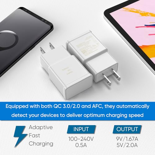 Image of Adaptive Fast Charging Block USB Wall Charger Adapter Fits Samsung Galaxy S25 /S24 /S23 /S22 /S22 Ultra /S21 /S20 /S10 /S9 /S8 /S7 /Edge /Note 10 Quick Charge (White, 2 Pack)