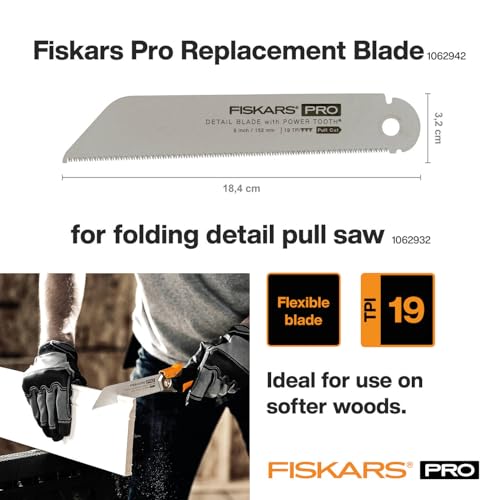 Original Fiskars Pro Ersatzblatt für klappbare PowerTooth-Zugsäge (1062932), Sägeblattlänge: 15 cm, 19 TPI, 1062942