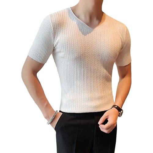 Men Short Sleeve Striped Knit Bottoming T-Shirt Solid V Neck Warm Street Pullover Summer Classic Cozy Young Tops (White,XX-Large)
