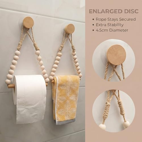 Lote de 2 Soporte Papel Higienico de Madera, Portarollos Papel Higienico Adhesivo, No Requiere Perforación con Cordón, Adorno de Perlas, Portarrollos Cuerda con Cuentas para Baño, Cocina, Blanco Roto - imagen 3