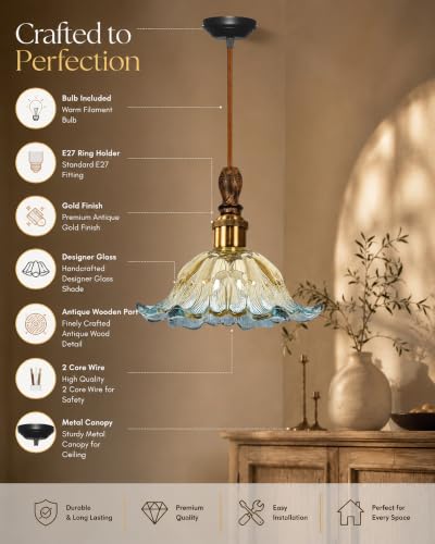 Image of Homesake Botanica Pendant Lamp | Petal Scalloped Glass Hanging Light with Solid Wood Top | Vintage European Ceiling Fixture, Pendant Light for Home Decor, Hallway, Foyer & Balcony, (Tulip, Blue)