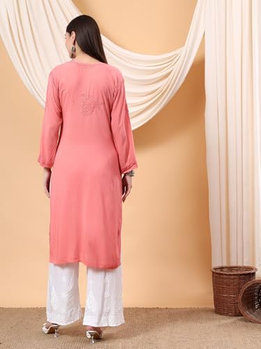 Image of POSHAK CHIKAN STUDIO Women's Hand Embroidered Lucknowi Chikankari Modal Straight Long Kurta, heer