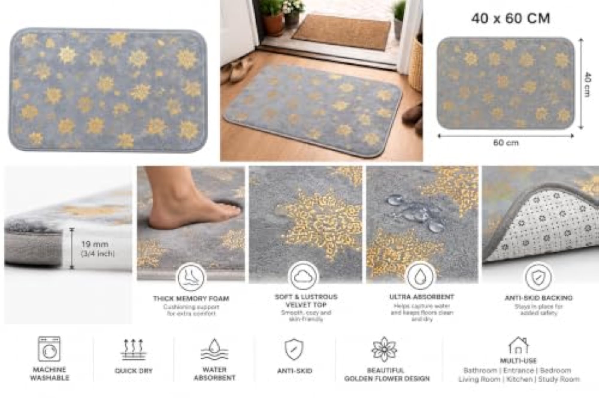 Golden Flower Memory Foam Bath Mat, 40x60cm, Grey
