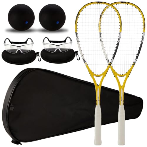Conderyang 2 Pack Beginner Squash Racquet Set Includes Racquets with Racket Bags Anti Fog Goggles Cases Blue Dot Ball Indoor Gym Sports for Beginners Novice Training Recreational Play (Yellow)