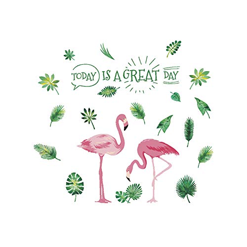 AzuNaisi Paar rosa Flamingo Wandaufkleber Grüne Blätter Sprüche Heute ist EIN großer Tag Vinyl Zitate Aufkleber für Wohnzimmer Home Art Murals Home dekor