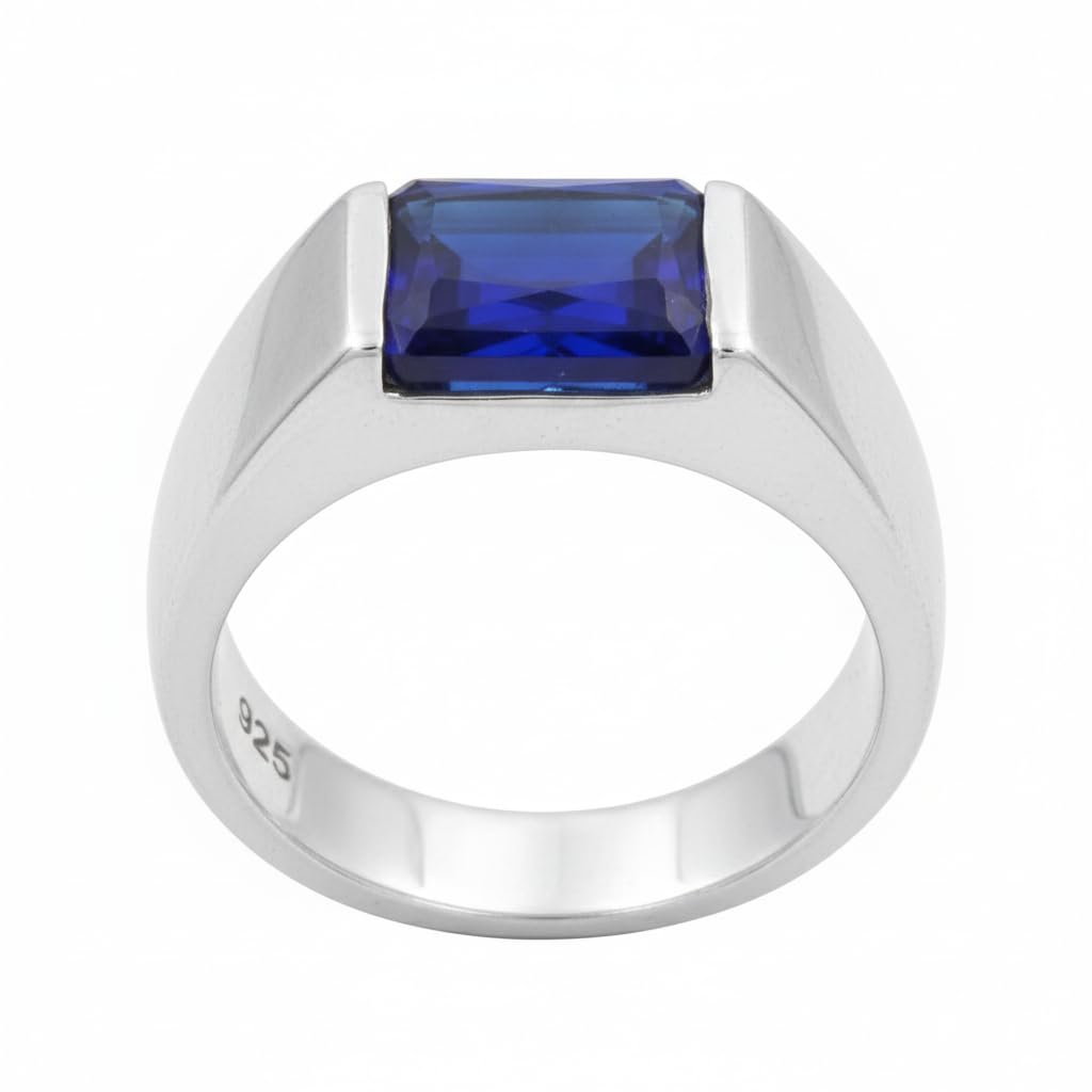 Men’s Blue Sapphire Ring 925 Sterling Silver Signet Ring Vintage Statement Ring Natural Gemstone Jewellery Gift for Him Birthstone Handmade Jewellery