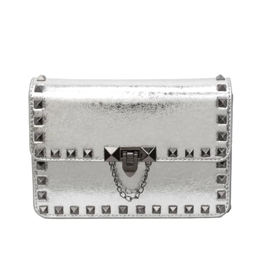 MKLHAVB Bolsos de hombro pequeños con remaches for mujer, bolso cruzado de estilo Punk, bolsos de piel sintética con solapa y cadena, bolsos de diseñador for mujer(Silvery)