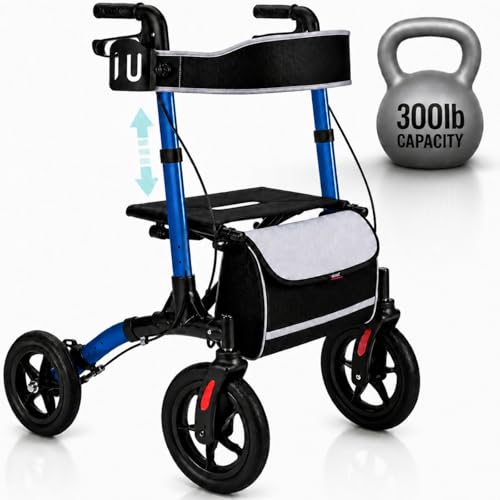 Vive All-Terrain Rollator Walker with 12 Pneumatic Wheels - Padded Seat & Backrest Lightweight Outdoor Rolling Walker with Big Wheels - Foldable with Height Adjustments