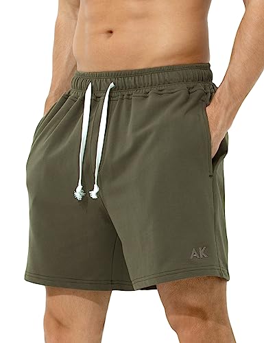 Casey Kevin Men's Sweat Cotton Shorts Summer 5 Inch Short with Zip Pockets Elasticated Waist Drawstring Casual Running Shorts,Olive Green,XL