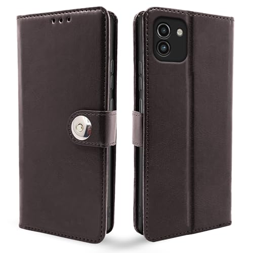 Image of Pikkme Samsung Galaxy A03 Flip Cover Leather Finish | Inside TPU with Card Pockets | Wallet Stand and Shock Proof | Complete Protection Button Flip Case (Coffee)
