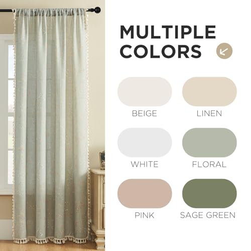 Image of Joydeco Linen Floral Boho Curtains 84 Inch, 2 Panels with Tassels | Super Soft Farmhouse Drapes, Semi Sheer Light Filtering, Natural Look for Bedroom Living Room, Modern Boho Decor