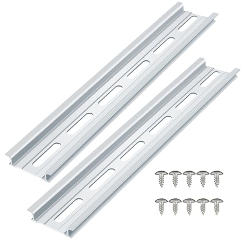 2 Piece Aluminum DIN Rails, 8 Inches Long, 35mm Wide, 7.5mm High, Top Hat Slotted DIN Rail with RoHS, Extra Premium Screws Included for Hardware Components Mounting