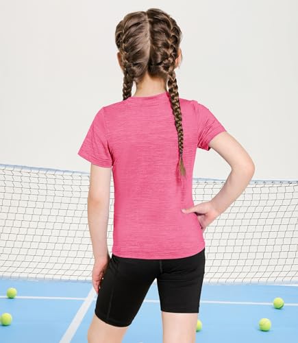 Image of Girls Athletic Shirts Short Sleeve Quick Dry Fit Crew Neck Activewear Summer UPF 50+ Tees Tops for Kids Teens 3 Pack Grey+Light Blue+Rose Pink 13-14 Years