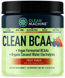 Clean BCAA - 2:1:1 Food Sourced Vegan BCAAs Powder & Coconut Water Electrolytes Recovery & Amino Energy Supplement - Award Winning Vegan Amino Acid Supplement - Fruit Punch - 222g