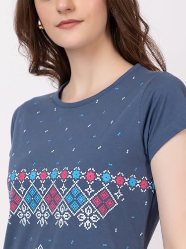 Image of Women Printed Cotton Tshirt with Side Slits & Pocket