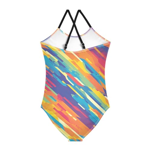 KLL Abstract Rainbow Stripes Girl 1 Piece Swimsuit Beach Swimming Suits Adjustable Strap Quick Dry2