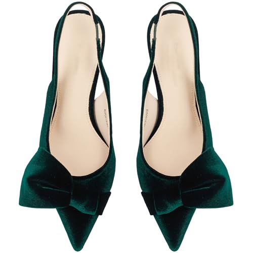 Image of Women's Slingback Heels with Bow Pointed Toe Pumps with Elasticated Strap 3.3 inch High Heels for Evening Dress Shoes