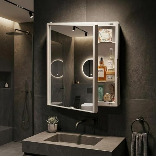 Image of BRANCO Cabinet with Mirror | 4 Shelves Rack | Bathroom Accessories | Wall Hanging Bathroom Shelf Cabinet with Mirror (New Rich Look (11D x 31W x 38H))