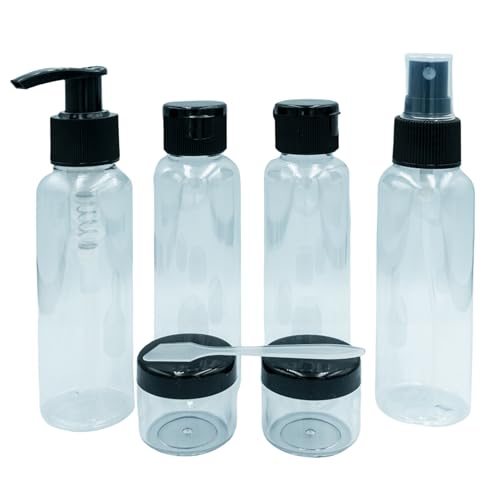 PARSA Beauty Reise Refill-Set 7-teilig – Unterschiedliche Reiseflaschen 100ml und kleine Behälter mit Spatel – Praktisches und sicheres Reiseflaschenset