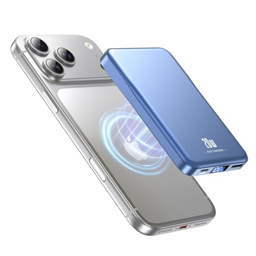 Powerbank für MagSafe 10000mAh, Magnetische Powerbank ohne Kabel, 20W PD Schnellladegerät, Kabellos mit USB-C EIN-/Ausgang, LED-Anzeige, für iPhone 17/16/15/14/13/12 Pro/Pro Max, Dunkelblau