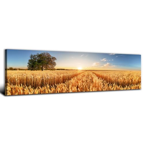 Sunset Meadow Forest Wall Art Nature Wheat Field Landscape Pictures Wall Decor for Living Room Kitchen Sunrise Country Panoramic Painting Farmhouse Scenic Poster Artwork Home Bedroom Decoration 14x48”